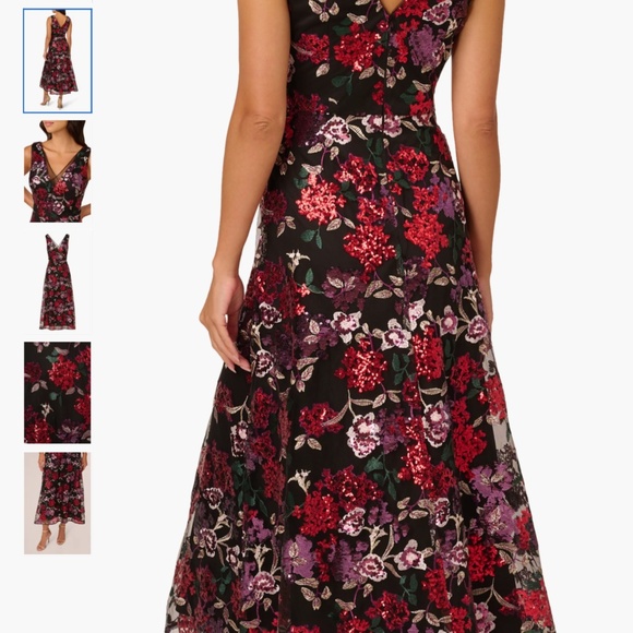 Adrianna Papell Black and Red Floral Midi sequin Dress - Picture 2 of 15